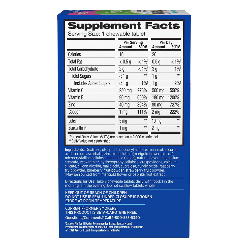 Preservision Areds 2 Formula Eye Vitamin and Mineral Supplement Chewable Tablets, Mixed Berry Flavor, 60 Ea