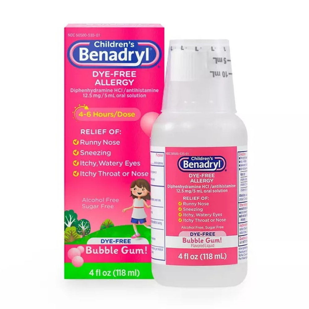 Benadryl Children's Dye-Free Allergy Liquid, Bubble Gum, 4 Oz