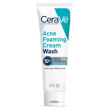 CeraVe Acne Foaming Cream Wash with 10% Benzoyl Peroxide for Face and Body Fragrance Free, 5.0 Oz
