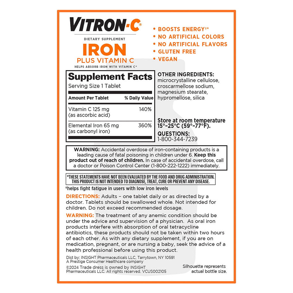 Vitron - C High Potency Iron Supplement Tablets - 60 Ea