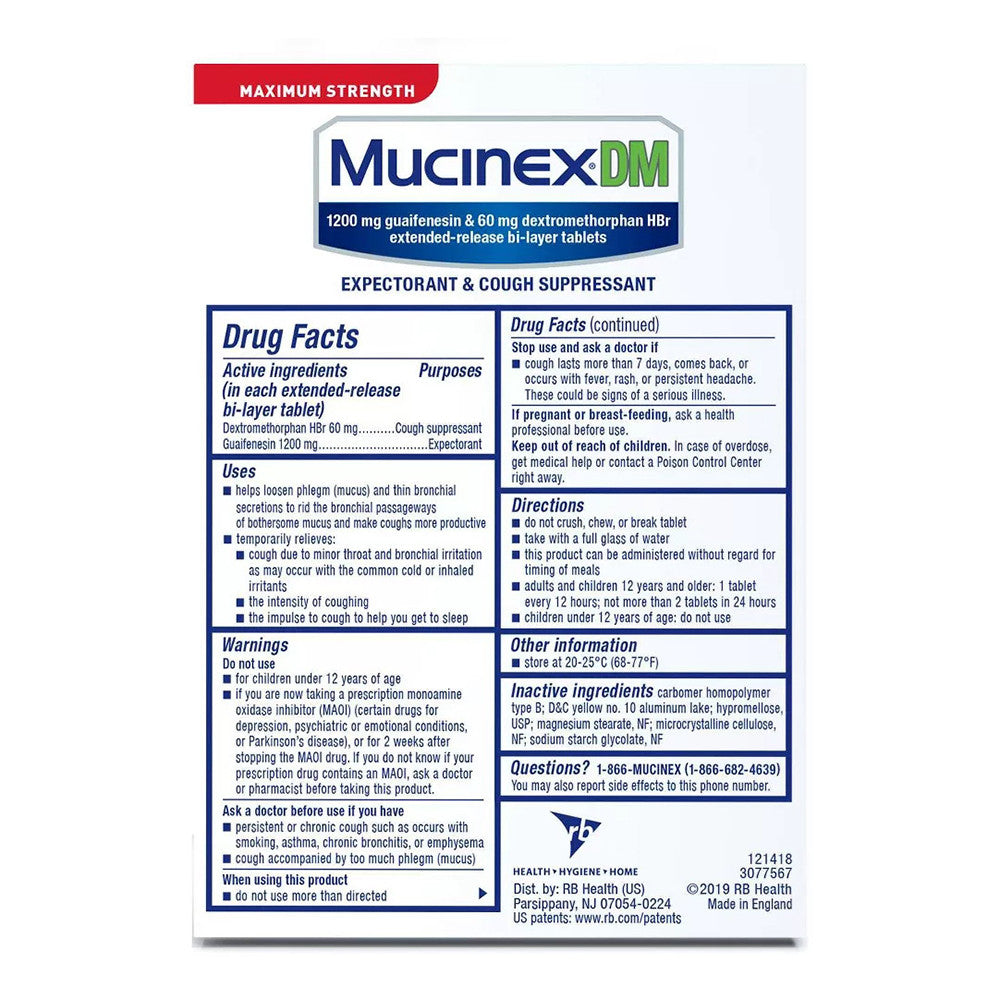 Mucinex Dm Expectorant Maximum Strength And Nasal Decongestant 1200 Mg Tablets, 14 Ea