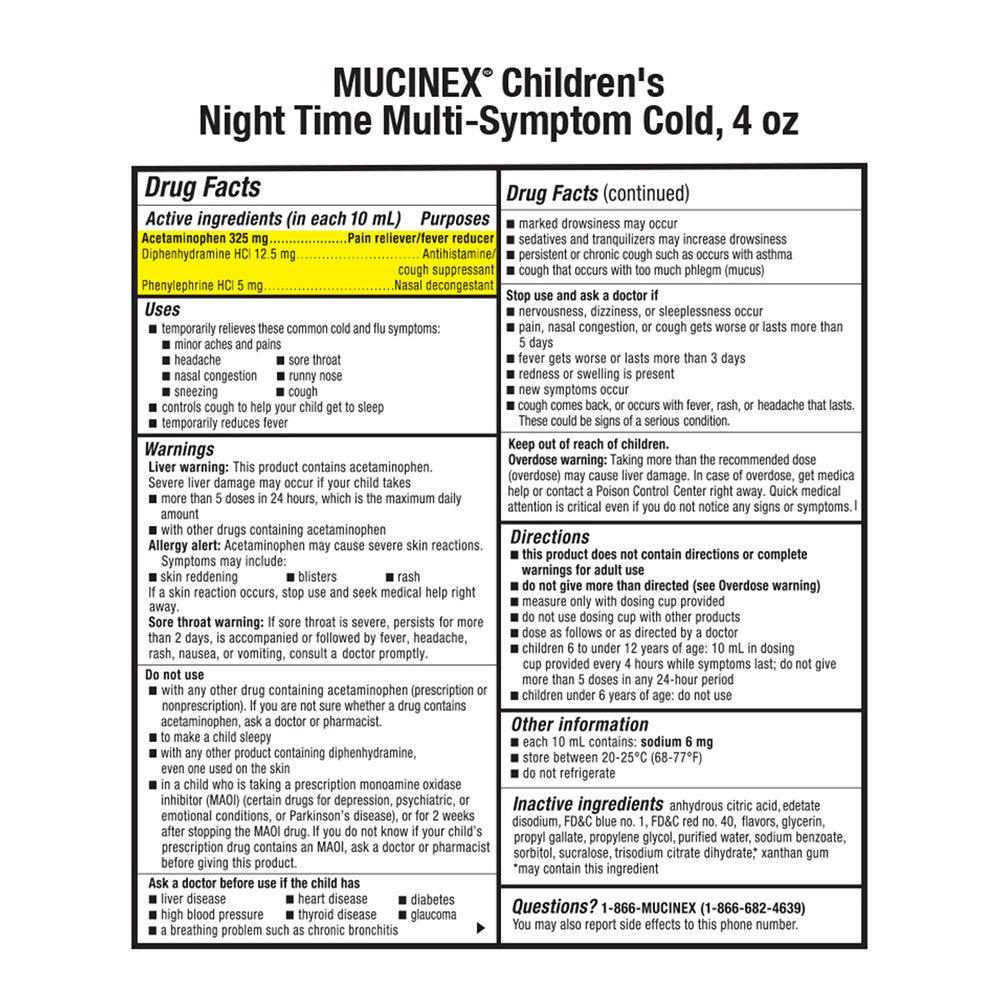 Mucinex Childrens Multi-Symptom, Night Time Cold Liquid, Mixed Berry, 4 oz