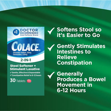 Colace 2 in 1 Stool Softener and Stimulant Laxative Tablets, 30 Ea