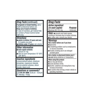 Reliable 1 Meclizine HCL 12.5mg Antimetic Caplets, 100 Ea