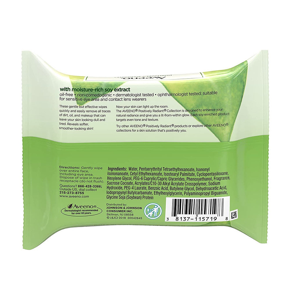 Aveeno Positively Radiant Makeup Removing Wipes, 25 Ea