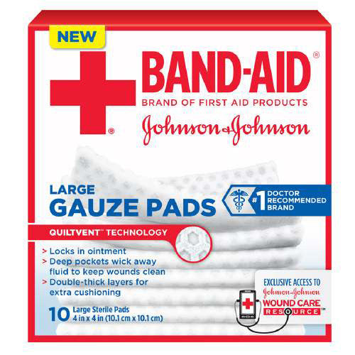 Band Aid First Aid Gauze Pads, Large, 4 Inch X 4 Inch - 10 Ea
