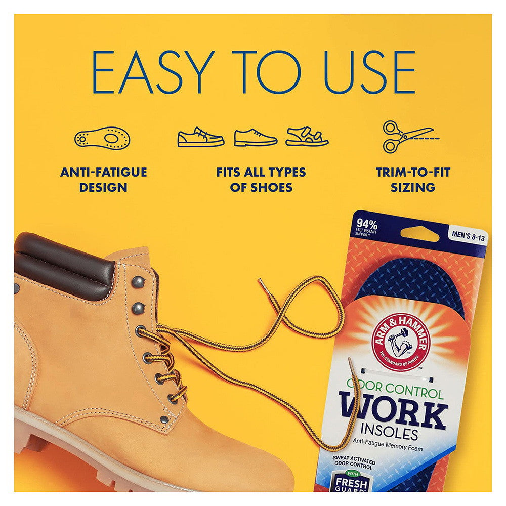 Arm & Hammer Memory Foam Work Insoles Men Size 8-13, 1 pair