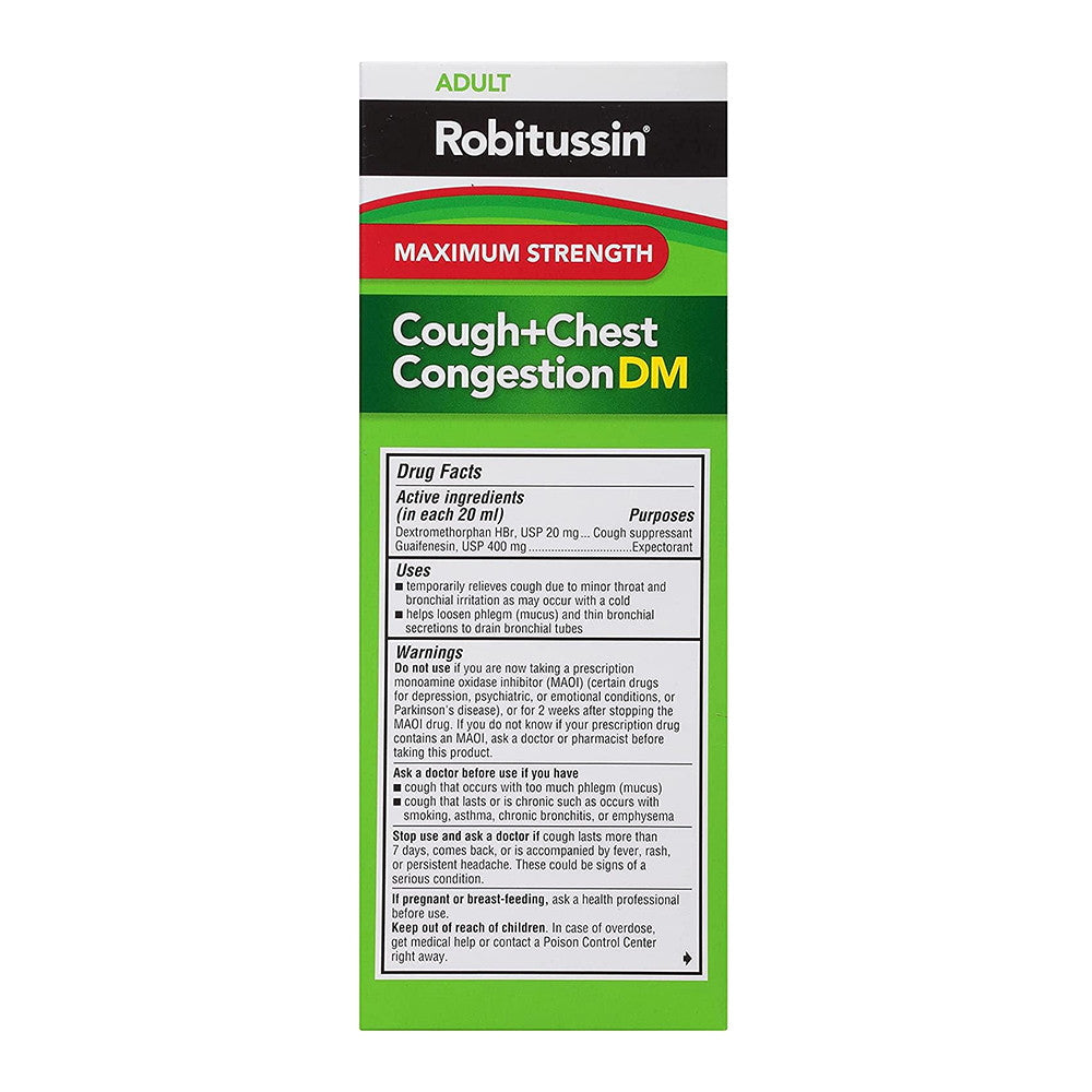 Robitussin Maximum Strength Cough + Chest Congestion DM Relief Liquid, Raspberry-Flavor, 8 oz