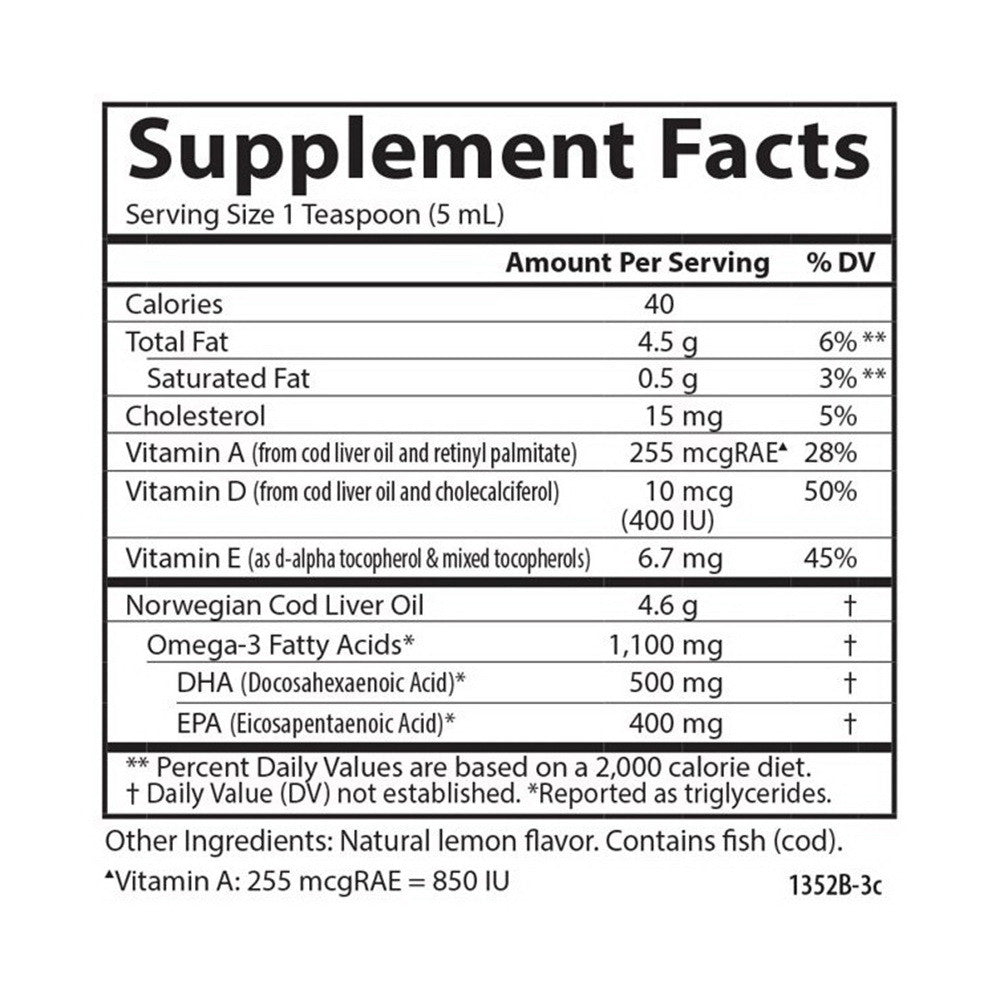 Carlson Wild Norwegian Cod Liver Oil 1100 mg Omega-3s with Lemon, 16.8 Oz