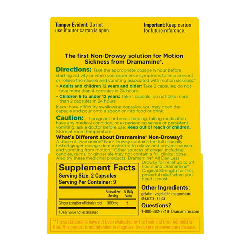 Dramamine Non-Drowsy Naturals With Natural Ginger Capsules, 18 Ea