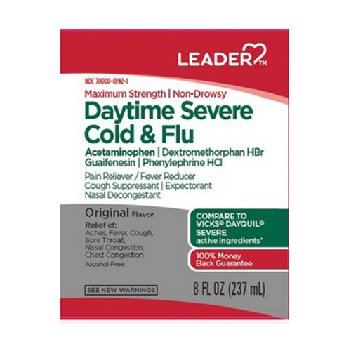 Leader Maximum Strength Daytime Severe Cold and Flu, Original Flavor, 8 Oz