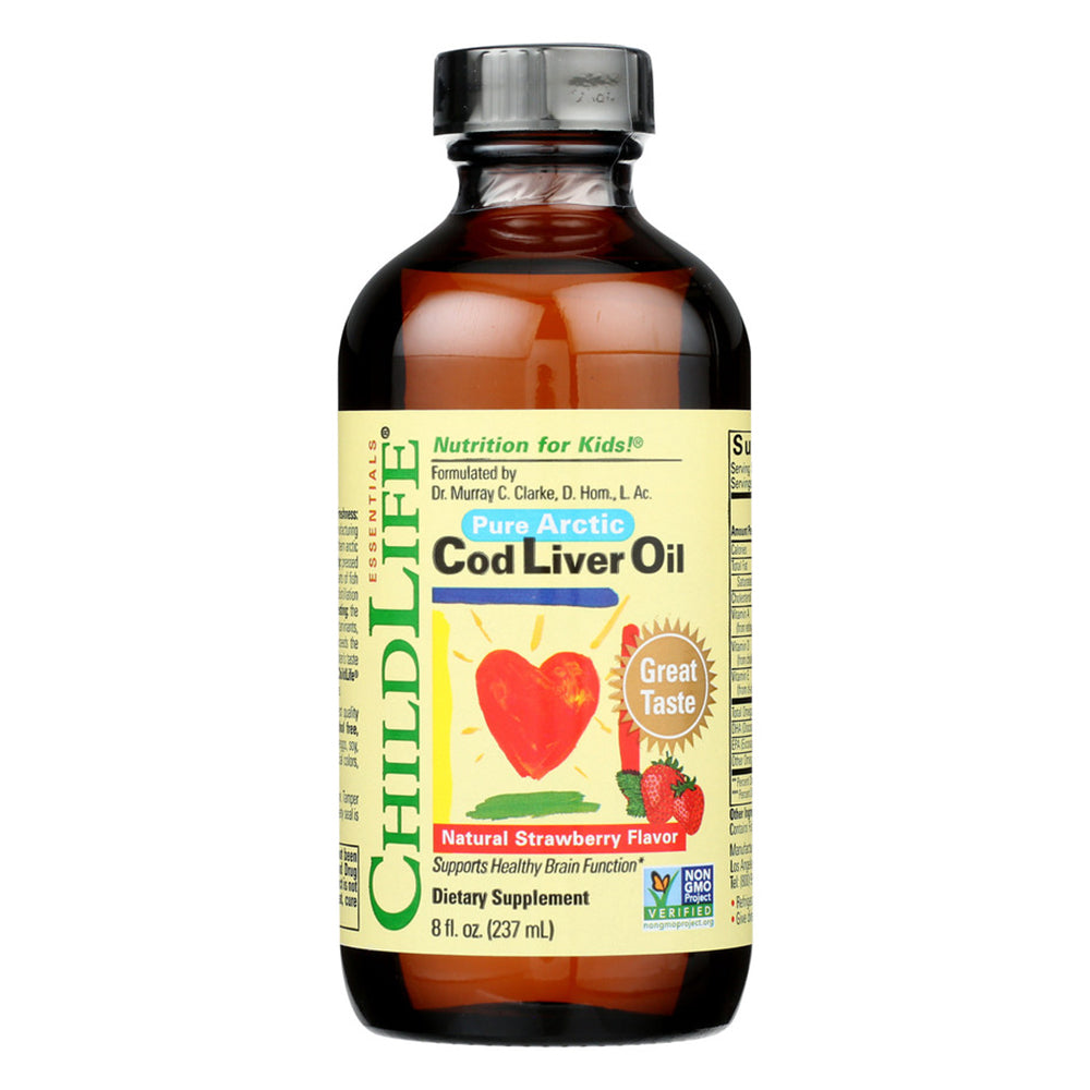 ChildLife Essentials Cod Liver Oil Support Healthy Brain Function Natural Strawberry Flavor 8Oz (237ml)