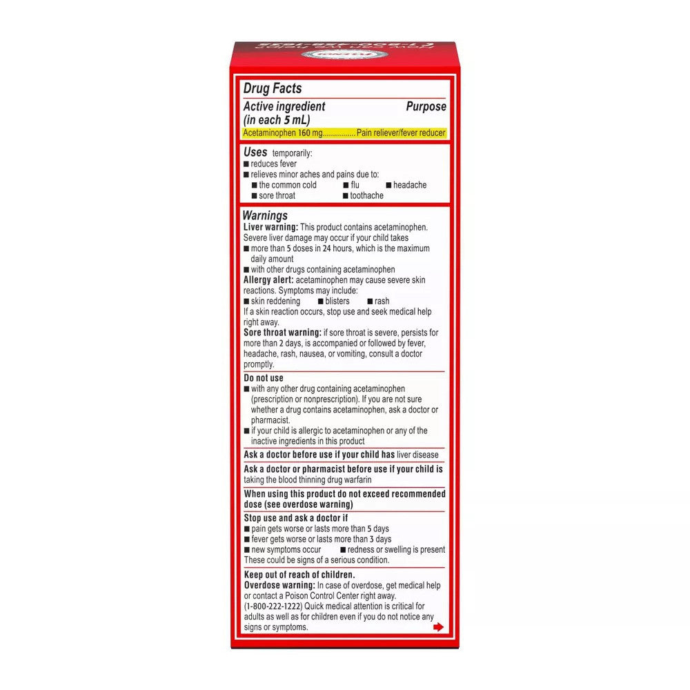 Tylenol Childrens Dye-Free Pain + Fever Relief Liquid, Acetaminophen, Cherry Flavor, 4 Oz