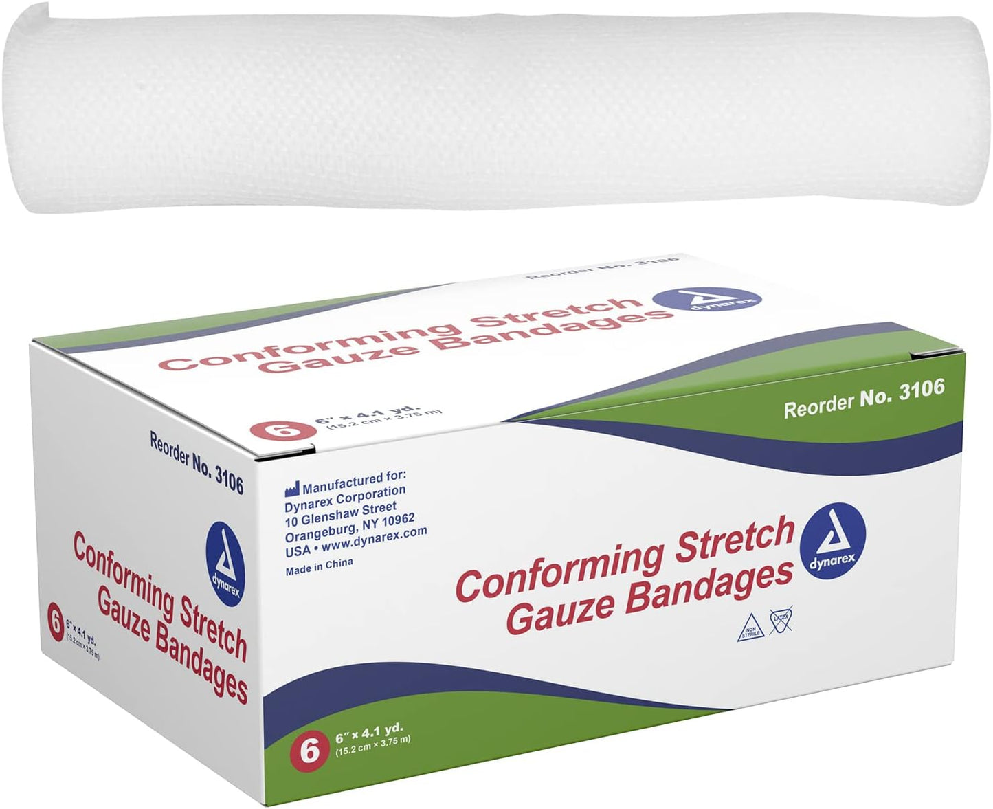 Dynarex Conform Stretch Gauze Bandages Non Sterile 6 in x 4.1 yds for Wound Care and Compression Support 6Ea