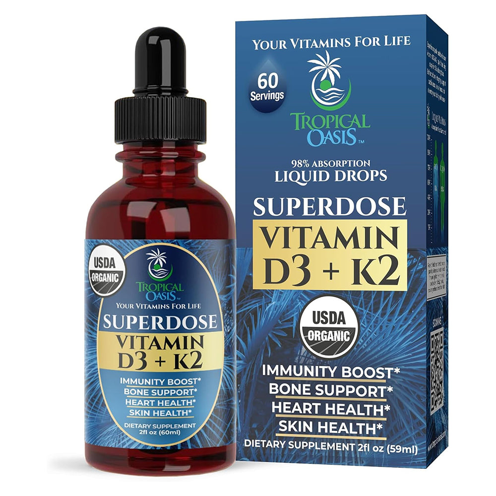 Tropical Oasis Vitamin D3 and K2 Adults Liquid Drops for Bone Heart and Immune Support 2Oz (59ml)