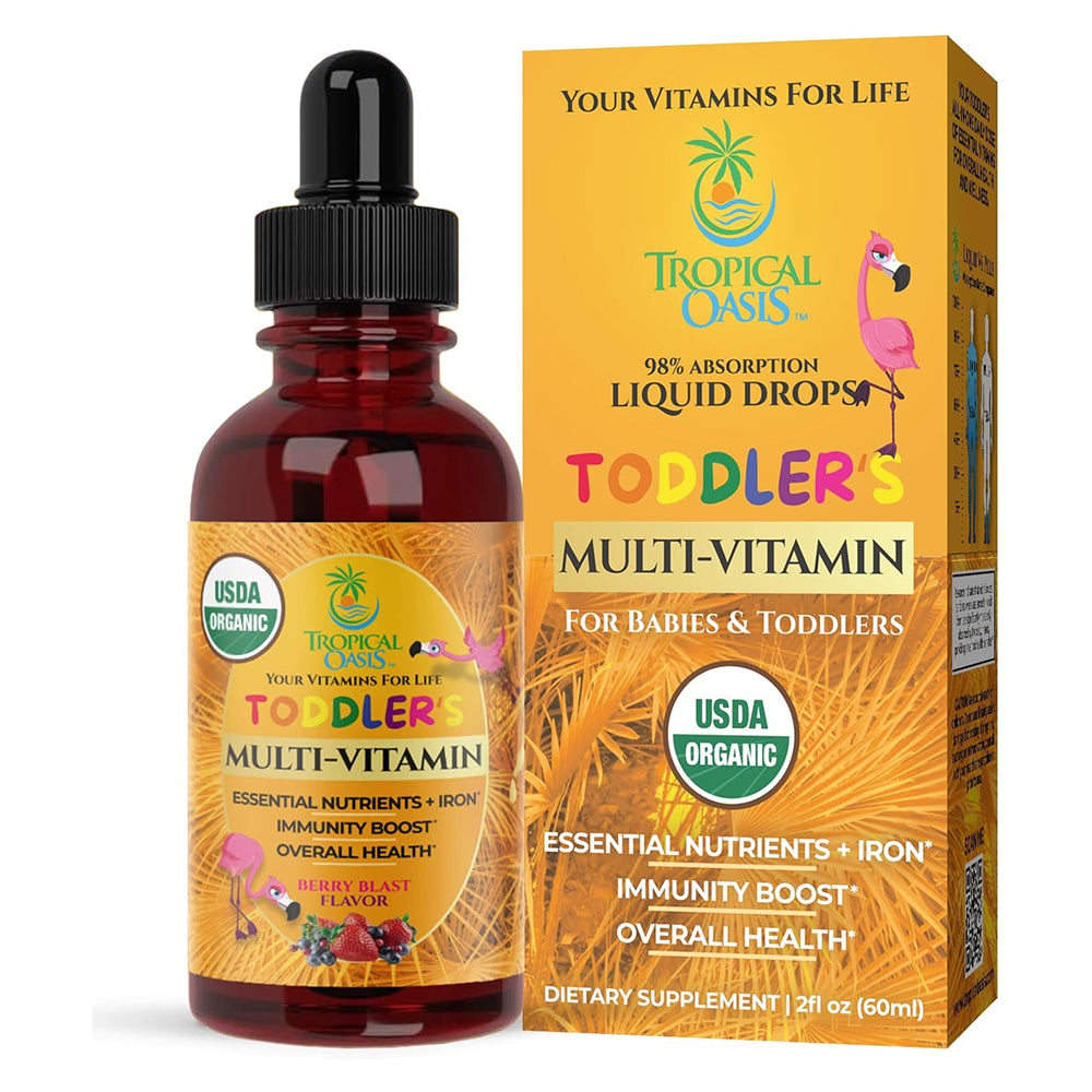 Tropical Oasis Organic Liquid Multivitamin Drops with Iron for Toddlers Supports Immune System 2Oz (60ml)