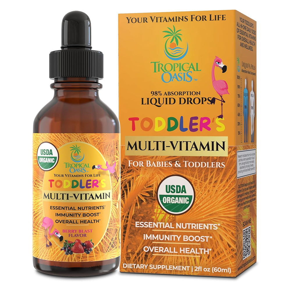 Tropical Oasis Organic Liquid Multivitamin Drops Iron Free for Toddlers Supports Immune System 2Oz (60ml)