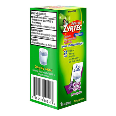Zyrtec Childrens Allergy Syrup, Dye-Free, Sugar-Free Grape Flavor, 1 oz