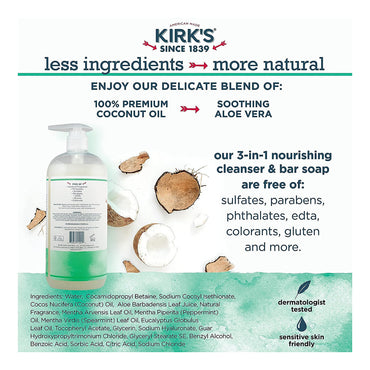 Kirks 3 in 1 Castile Liquid Soap Head to Toe Cleanser, Mint And Eucalyptus Scent, 32 Oz