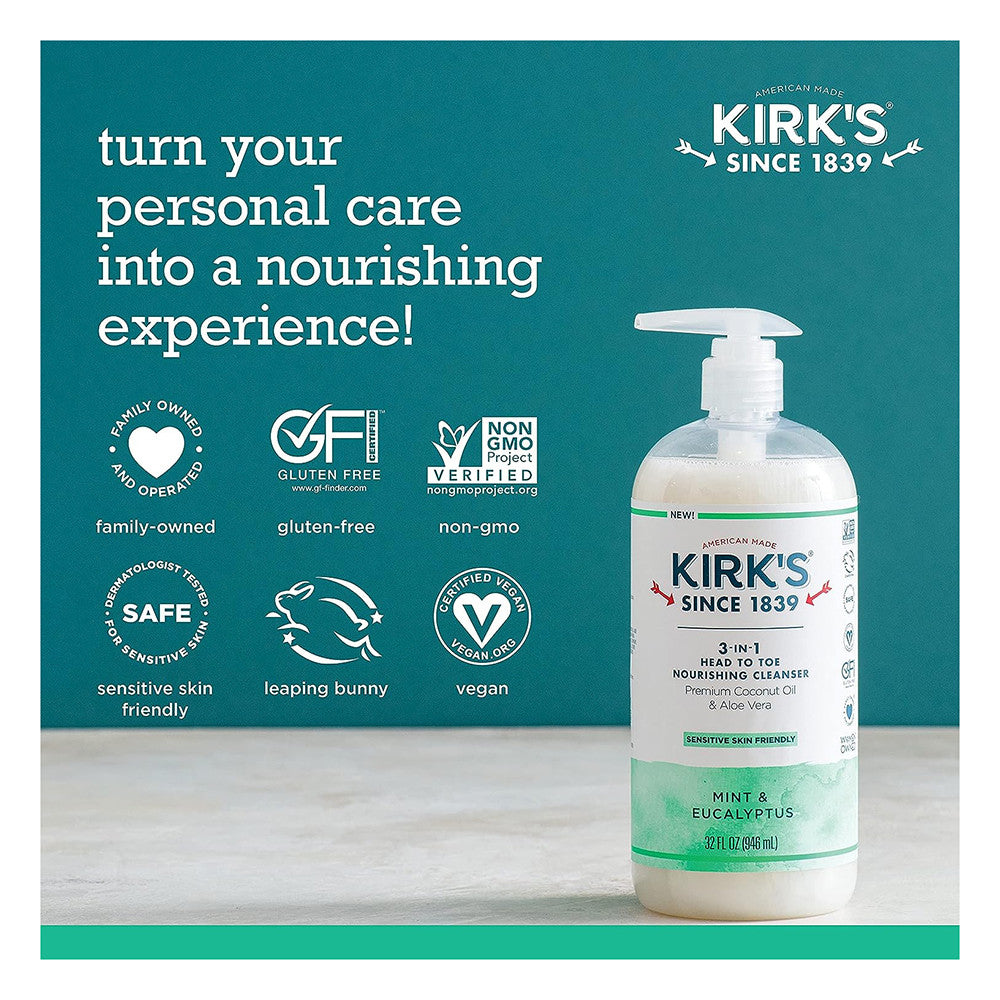 Kirks 3 in 1 Castile Liquid Soap Head to Toe Cleanser, Mint And Eucalyptus Scent, 32 Oz