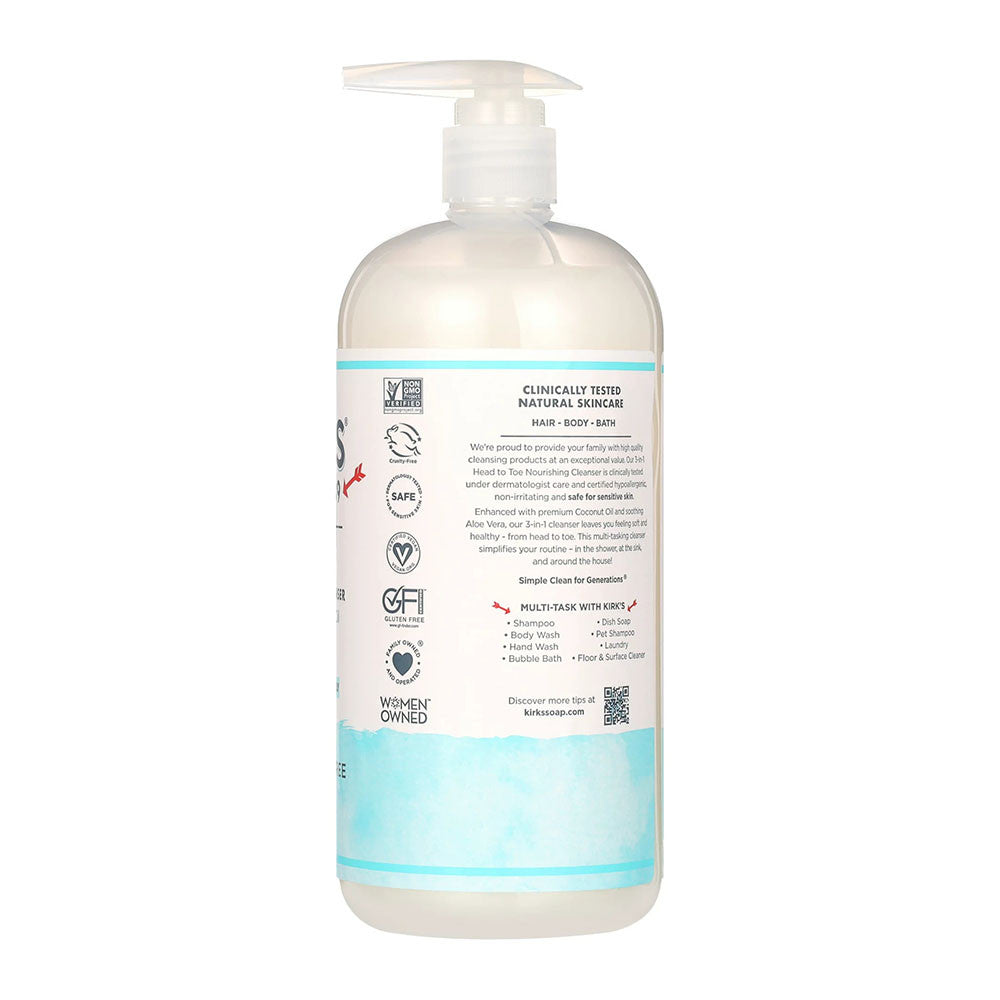 Kirks 3-in-1 Head to Toe Cleanser with Coconut Oil and Aloe Vera, Unscented, 32 Oz