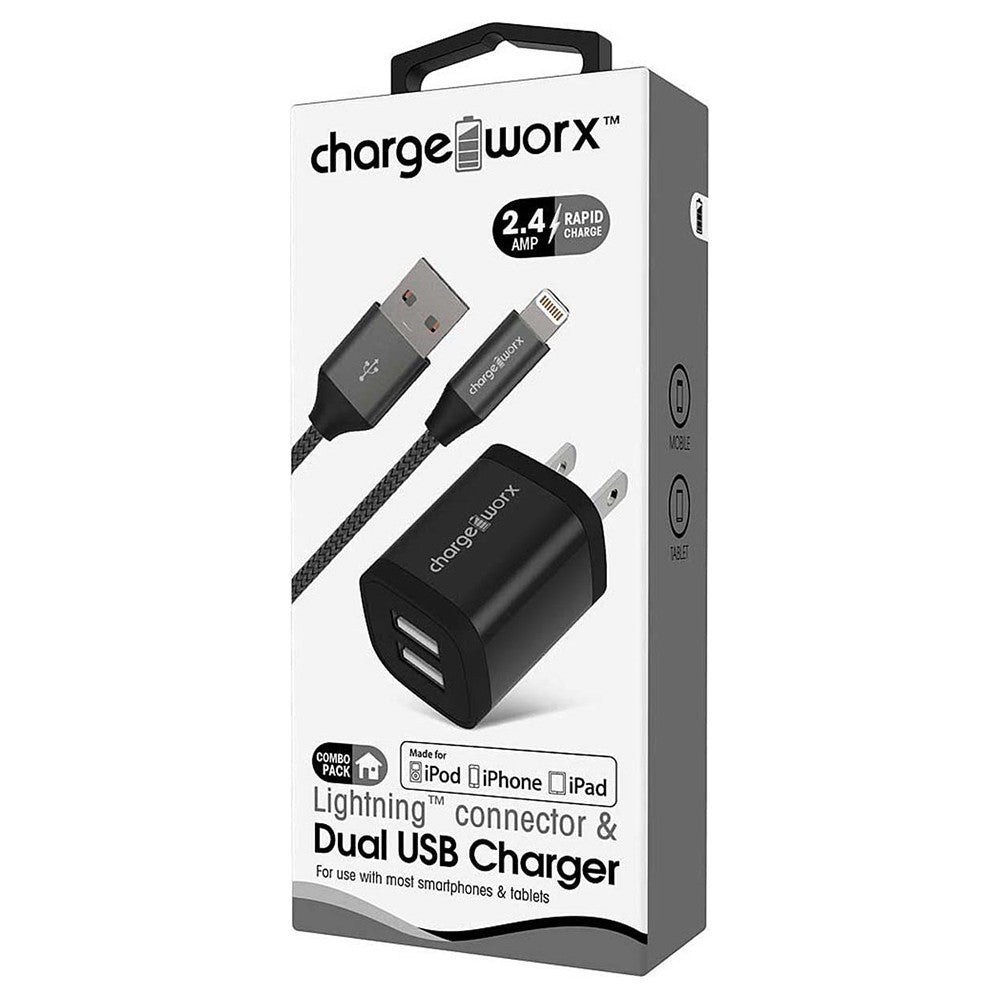 Chargeworx 2.4A Dual Usb Metal Wall Charger and Lightning Cable, Blanl, 1 Ea