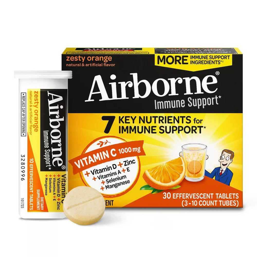 Airborne Effervescent Tablets Zesty Orange Immune Health Formula Supplement 10Ea