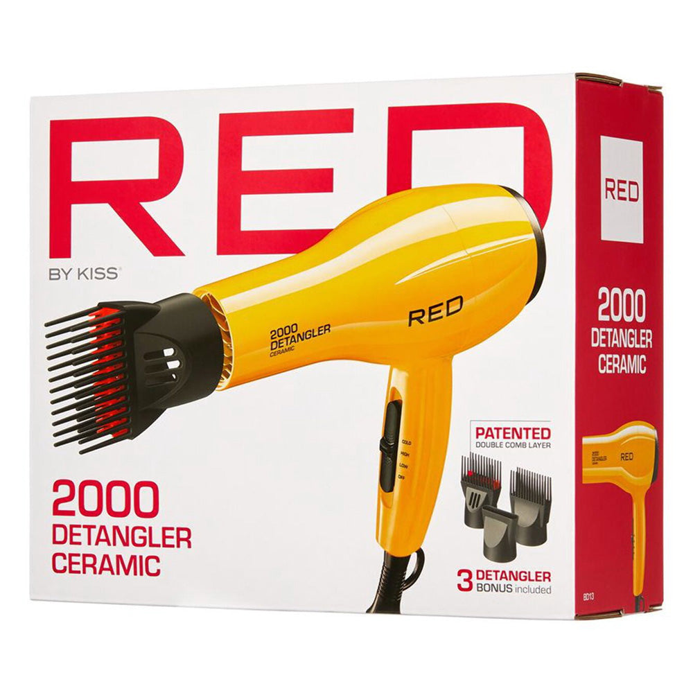 Kiss Red 2000W Detangler Hair Dryer Ceramic Yellow with 3 Attachments Fast Drying and Smoothing 1Ea