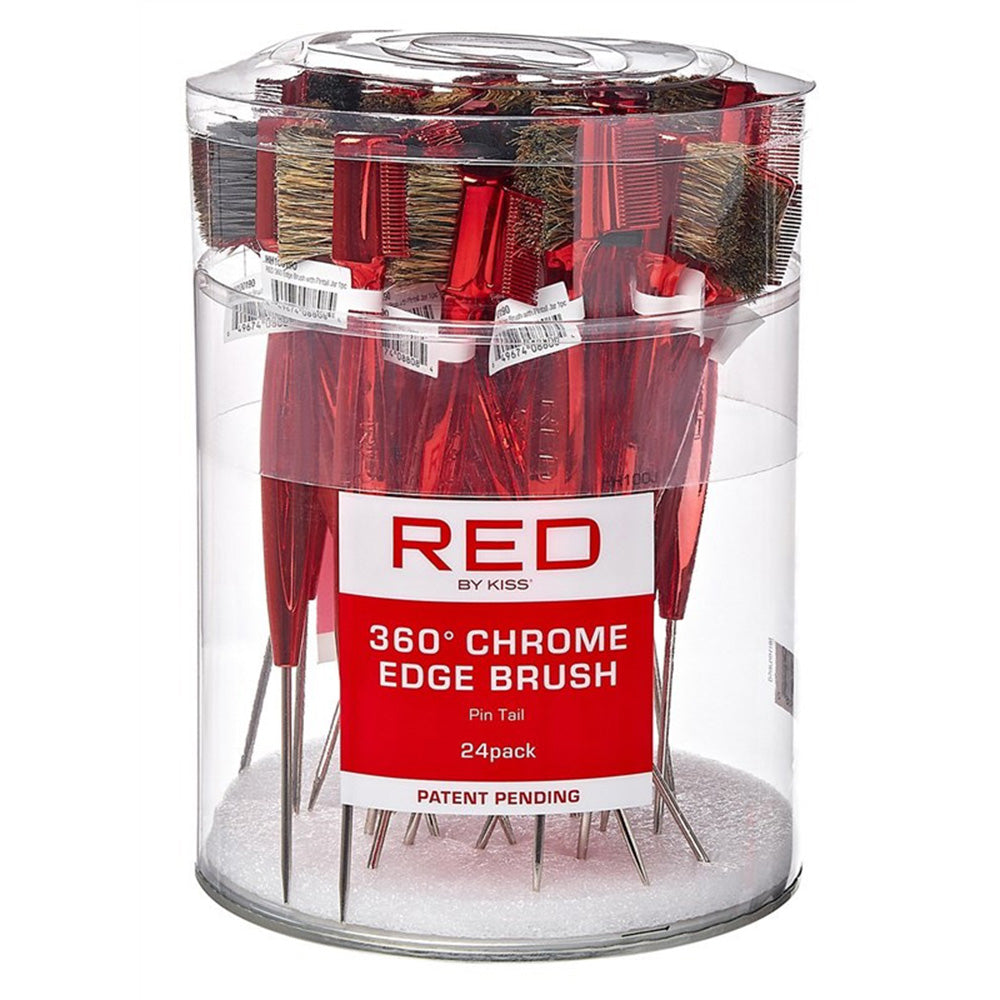 Kiss Red Chrome Edge Brush 360 Pin Tail Red for Styling Smoothing Edges and Parting Hair 24Ea