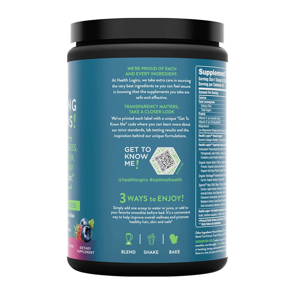 Health Logics Glowing Greens Superfood Collagen Powder, Berry Blast, 10 Oz