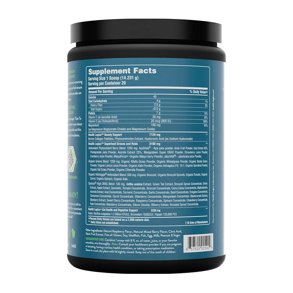 Health Logics Glowing Greens Superfood Collagen Powder, Berry Blast, 10 Oz