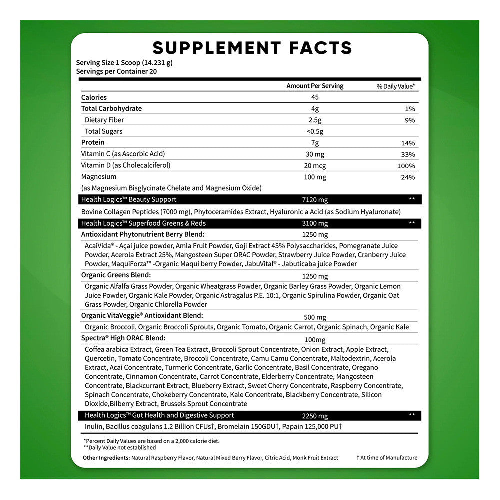 Health Logics Glowing Greens Superfood Collagen Powder, Berry Blast, 10 Oz