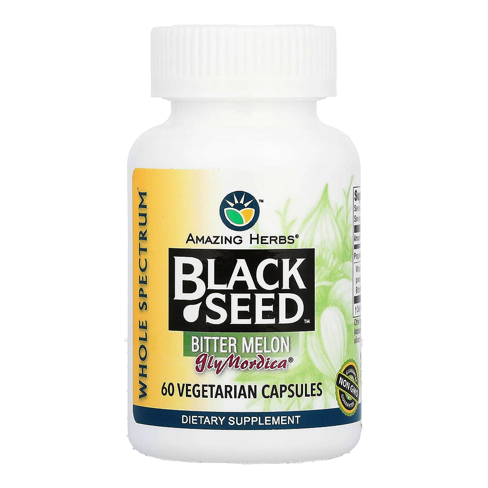 Amazing Herbs Black Seed Capsules with Glymordica Bitter Melon Herbal Supplement 60Ea
