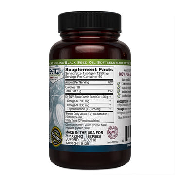 Amazing Herbs Black Cumin Seed 100% Pure Cold-Pressed Oil 1250 mg Softgels, 60 Ea