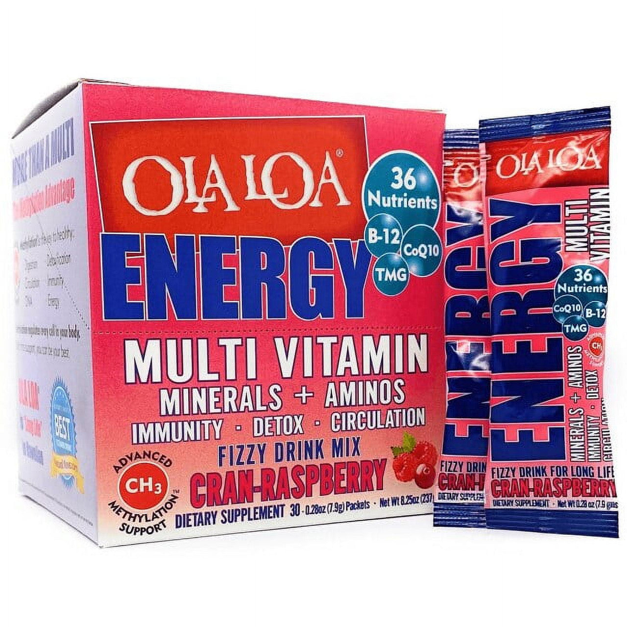 Ola Loa Energy Multi Vitamin Effervescent Drink Mix, Cran-Raspberry Packets, 30 Ea