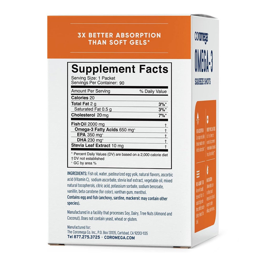 Coromega Omega-3 Fish Oil 650mg Supplement Softgels, Orange Squeeze, 90 Ea