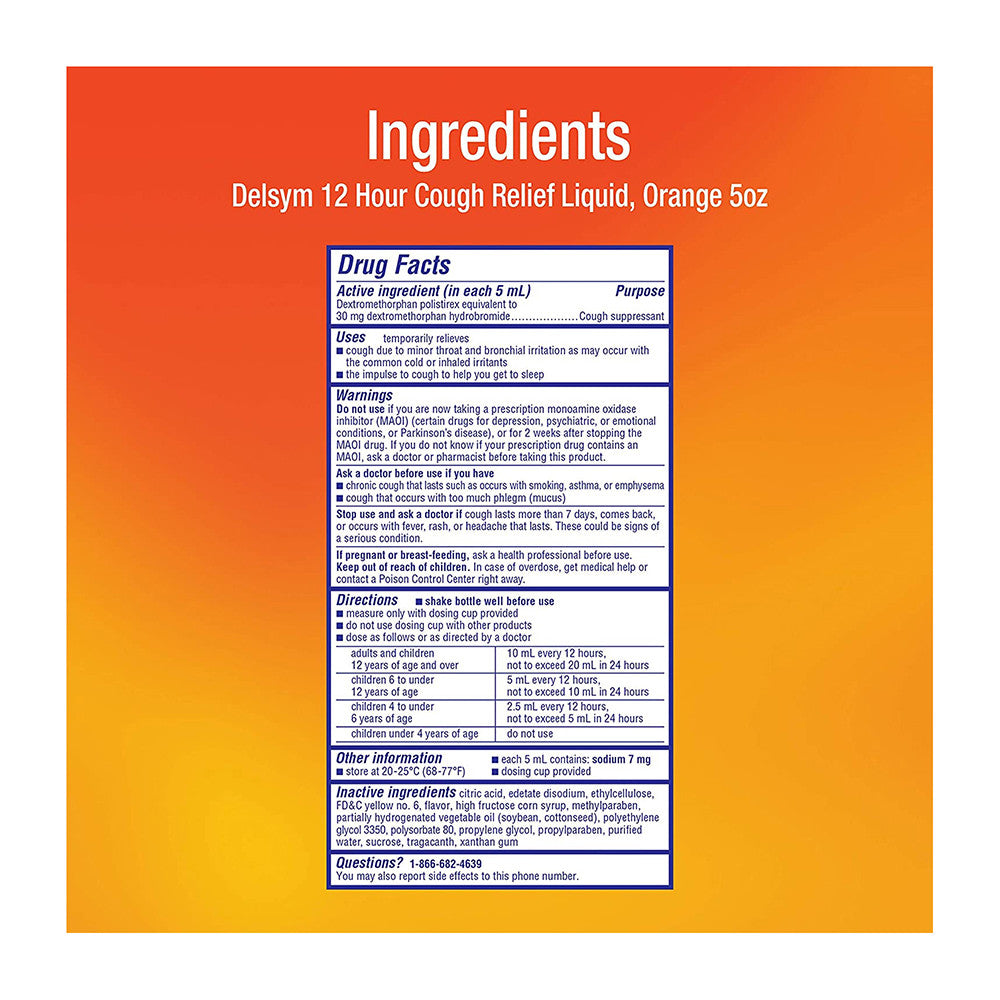 Delsym Cough Suppressant 12 Hour Cough Relief Syrup, Orange Flavor - 5 Oz