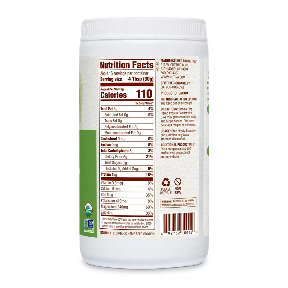 Nutiva Organic Superfood Hemp Protein 15G Powder, 16 Oz