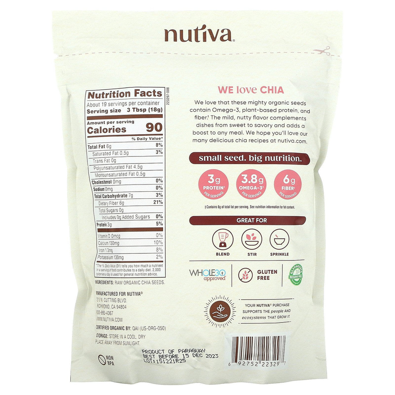 Nutiva Organic Superfood Chia Seed, Ground, 12 Oz