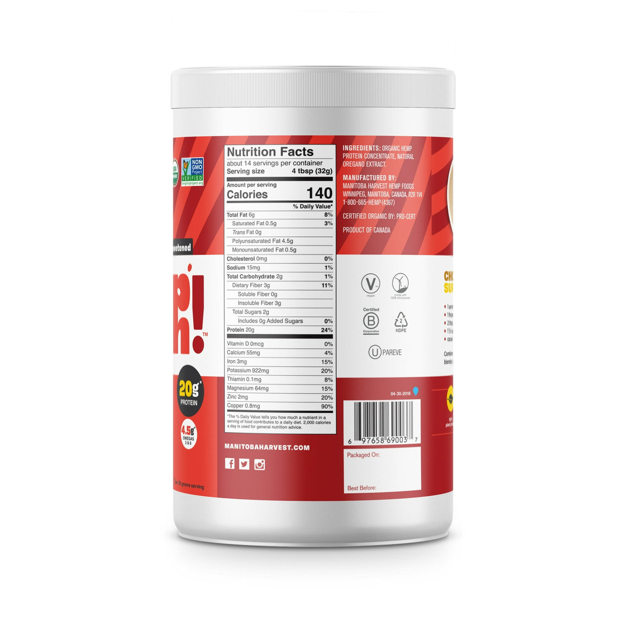 Manitoba Harvest Hemp Pro 70, Protein Supplement, 16 Oz