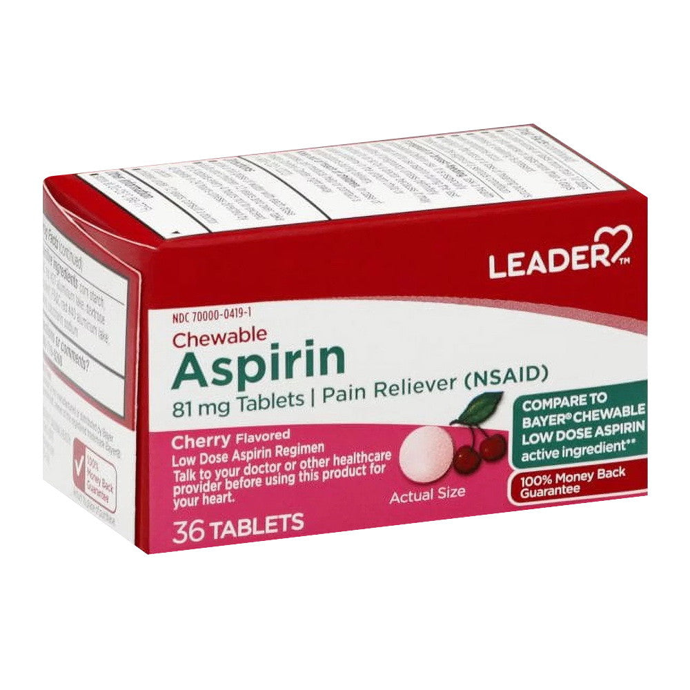 Leader Aspirin Chewable 81 Mg Pain Reliever Tablets, Cherry Flavor, 36 Ea