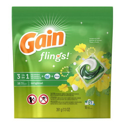 Gain Flings 3 in 1 Plus Aroma Boost Detergent Original 16 Pack Capsules, 6 pack