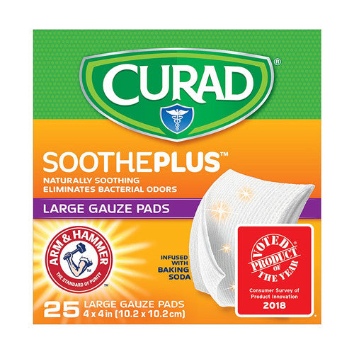 Curad Sootheplus Large Gauze Pads with Baking Soda, Arm and Hammer, 4 X 4 in, 25 Ea