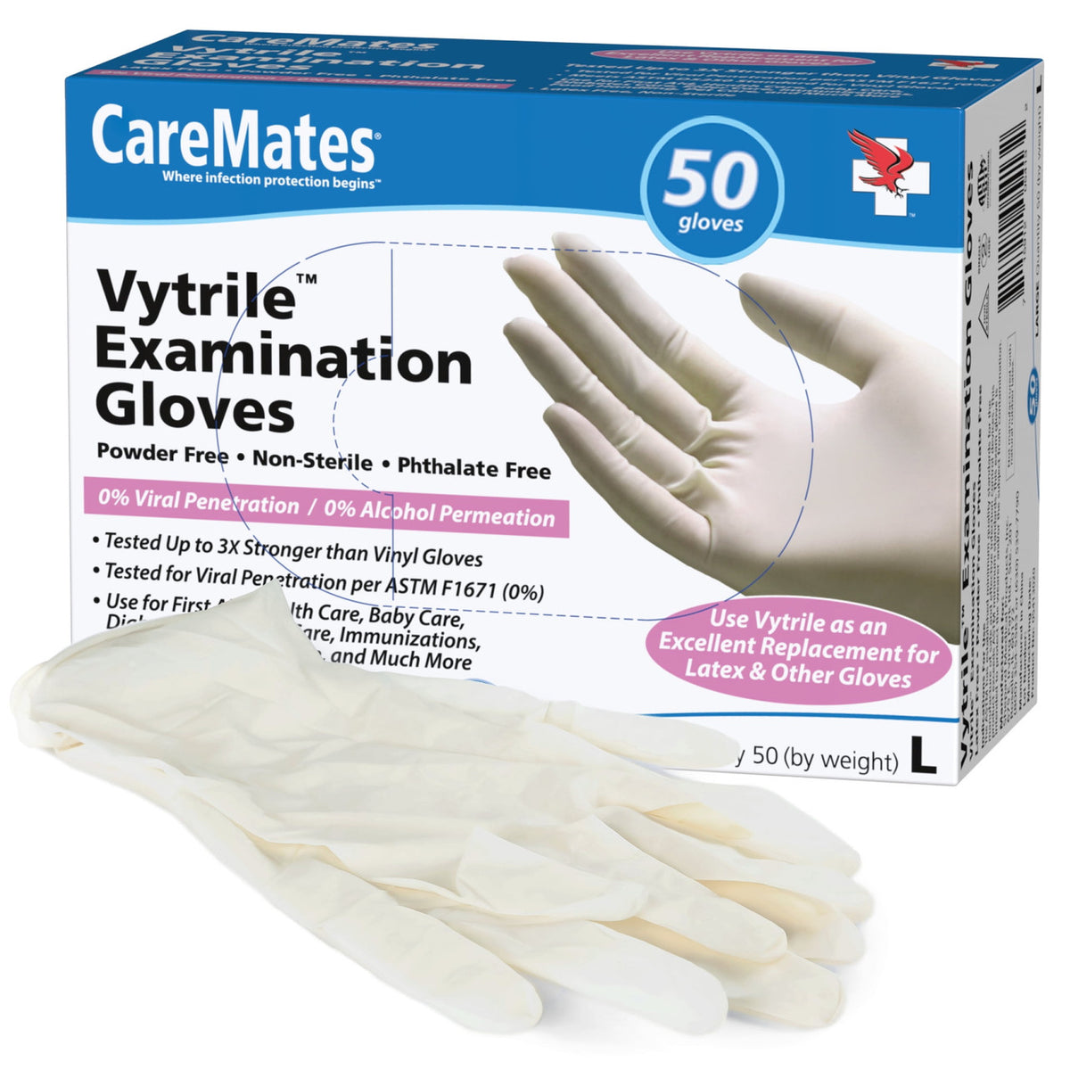 Caremates Vytrile Exam Gloves, Latex Free, Large Gloves, 50 Ea