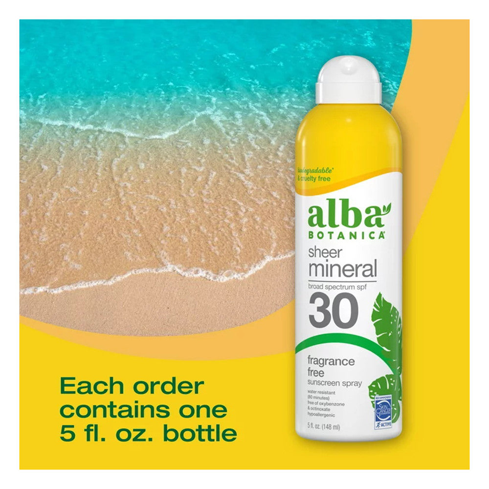 Alba Botanica Sheer Mineral Sunscreen Spray SPF 30, Fragrance Free, 5 Oz