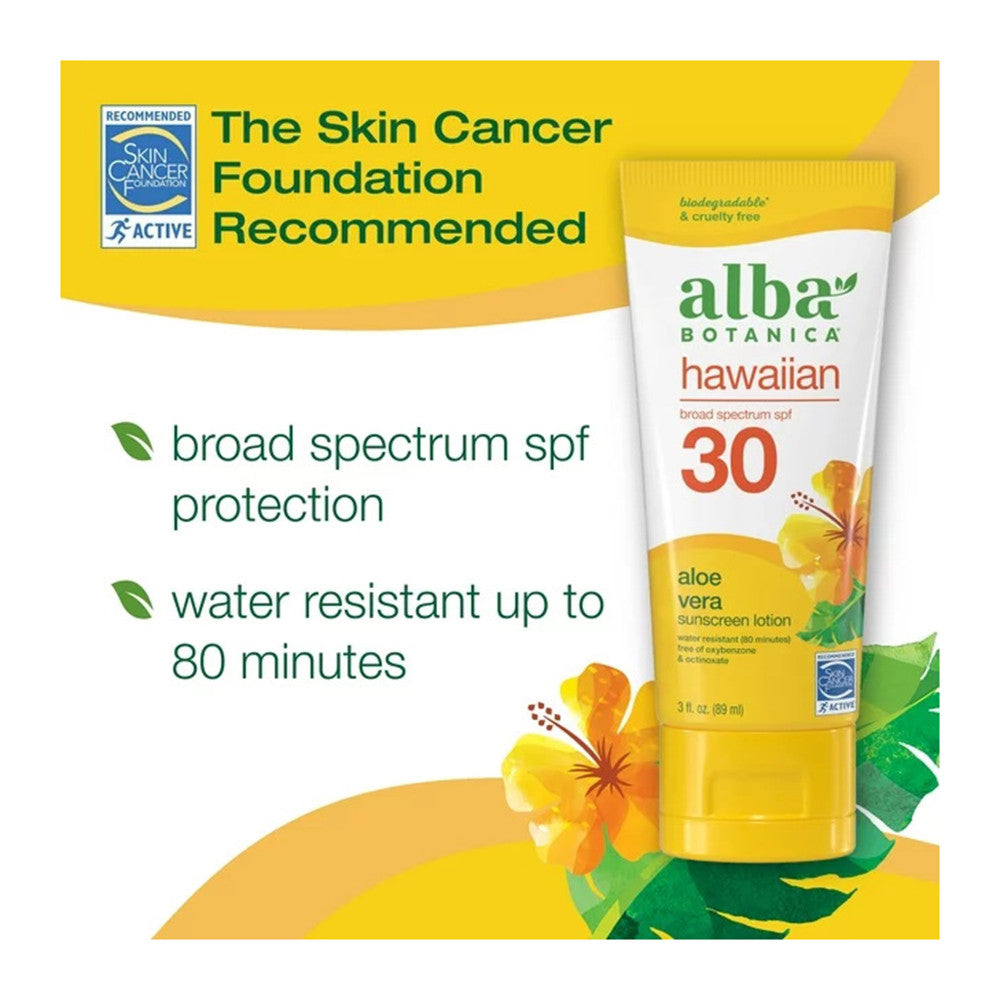 Alba Botanica Hawaiian Sunscreen Lotion, SPF 30, Aloe Vera, 3 Oz