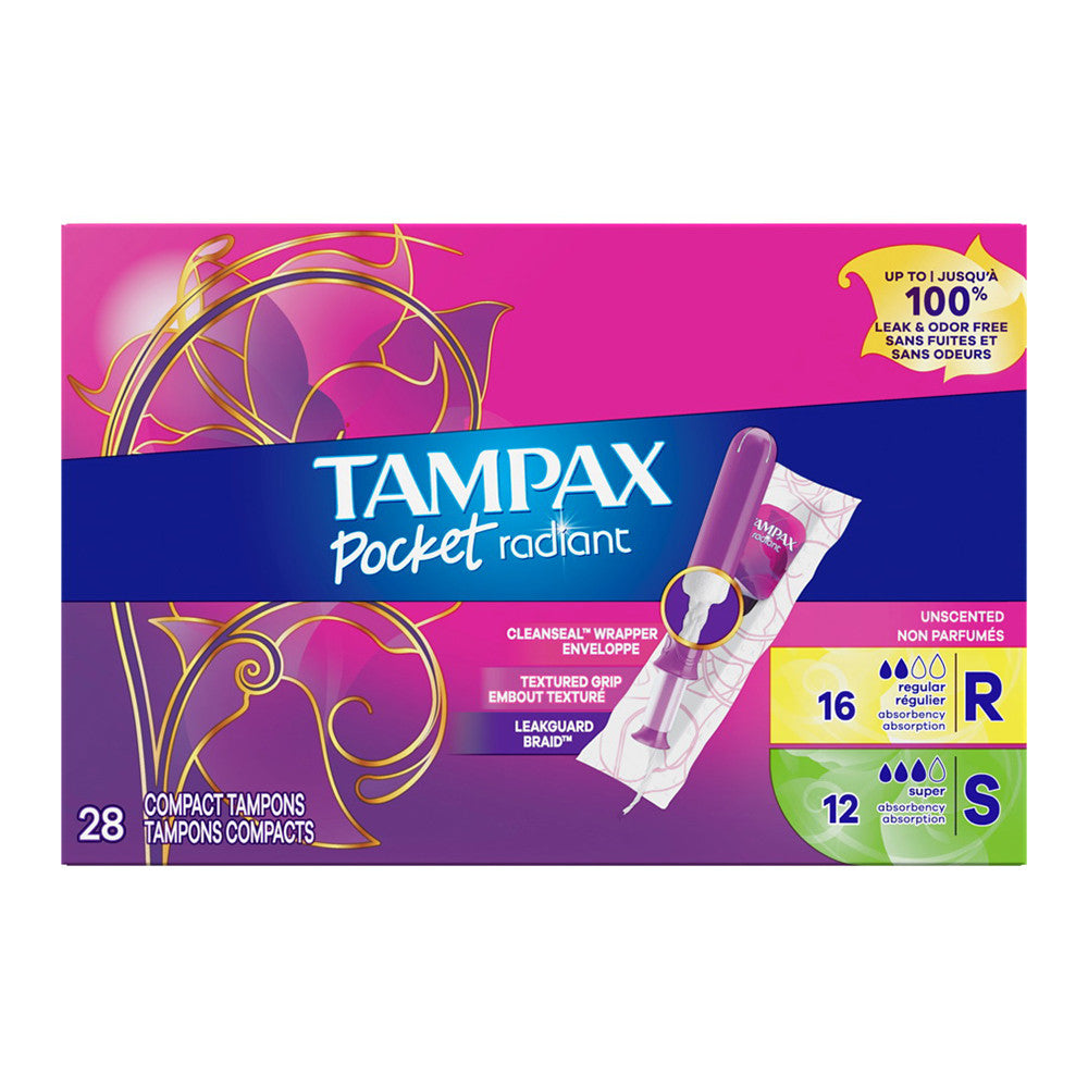 Tampax Pocket Radiant Compact Tampons Duo Pack Regular And Super Absorbency, Unscented, 28 Ea