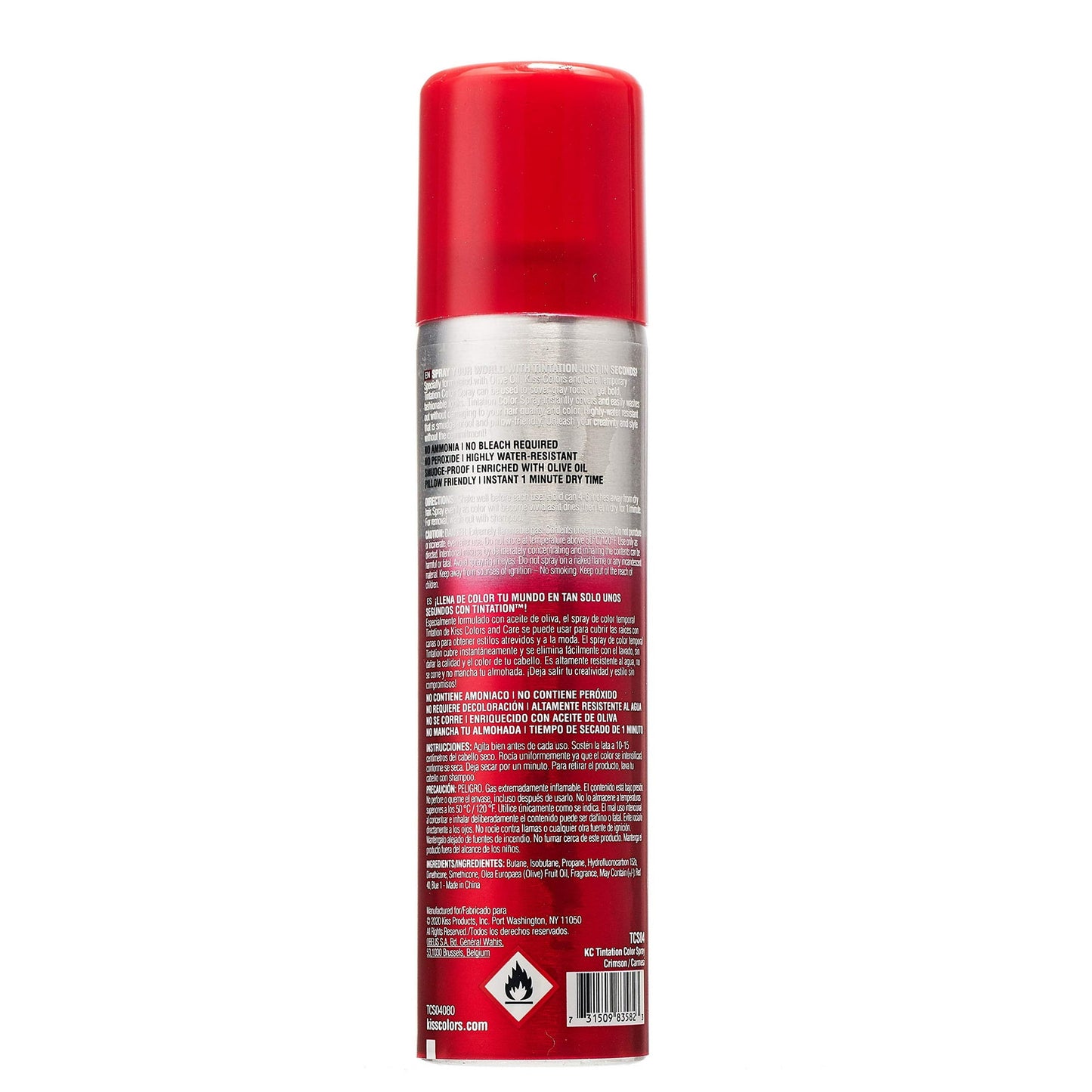 Kiss Tintation Crimson Temporary Hair Color Spray for Smudge Proof and Washable Styling 2.82Oz (80g)