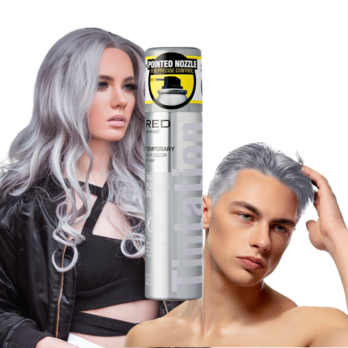 Kiss Tintation Platinum Silver Temporary Hair Color Spray for Gray Root Coverage Smudge Proof 2.82Oz (80g)