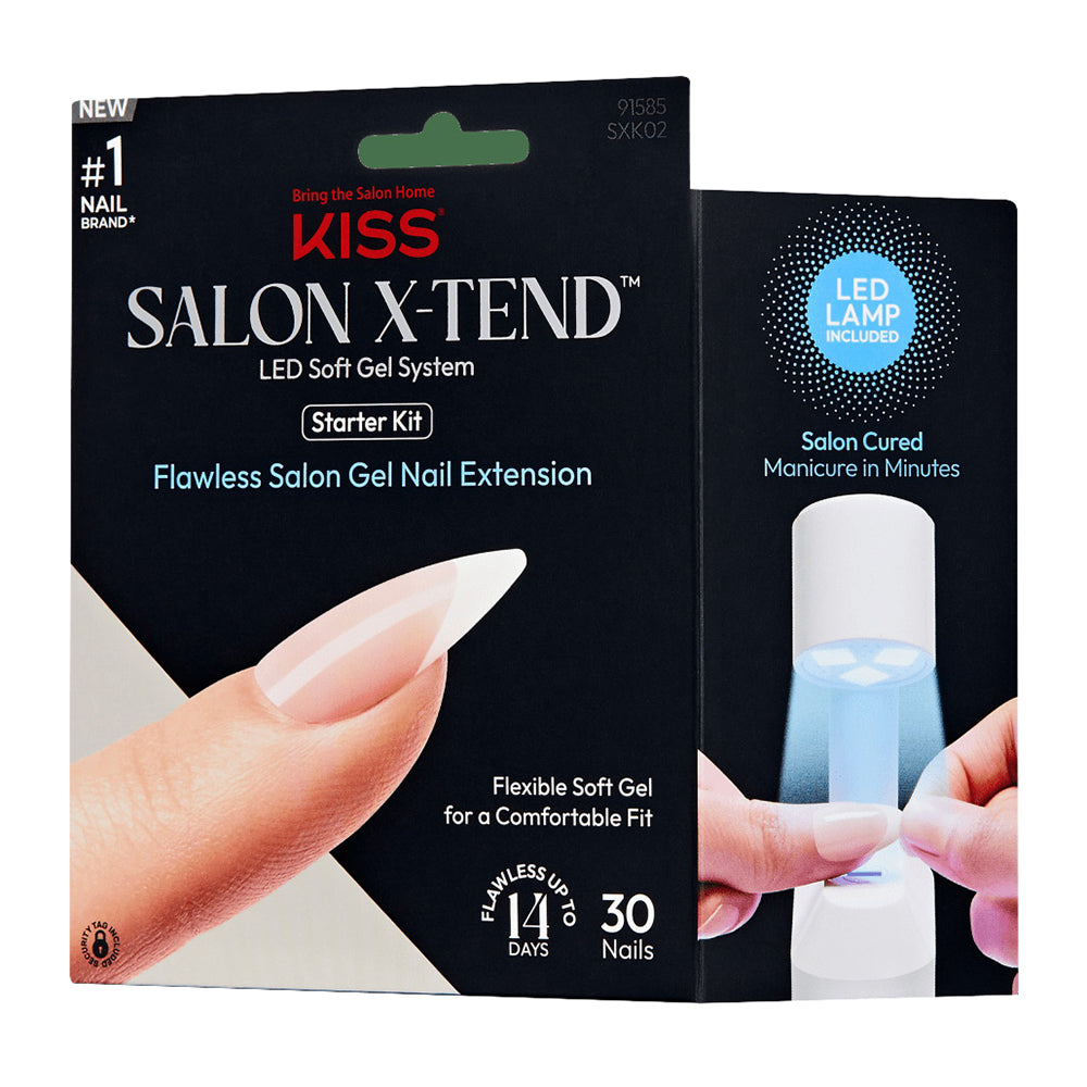 Kiss Salon X Tend LED Soft Gel System Starter Kit Flawless Salon Gel Nail Extension with 30 Nails 1Ea
